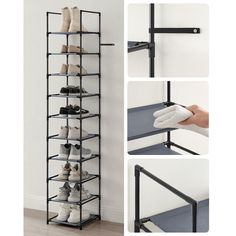 the shoe rack is holding several pairs of shoes, and one pair of gloves sits on it