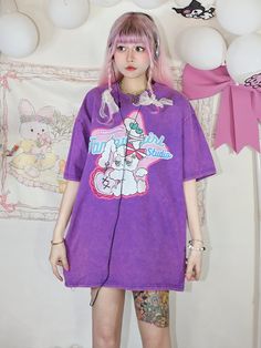 This price is for a T-shirt only, others are not included. Material:Cotton / PolyesterNeckline:Round Neck  	 		 			Size 			Free Size 		 		 			Bust 			60 		 		 			Shoulders 			56 		 		 			Sleeve Length 			25 Purple Cotton Y2k T-shirt, Spring Purple T-shirt With Graphic Print, Casual Purple T-shirt With Cartoon Print, Harajuku Style Screen Print Tops For Spring, Purple Y2k Crew Neck Top, Purple Short Sleeve Y2k Style Tops, Spring Harajuku Tops With Letter Print, Purple Short Sleeve Y2k Top, Spring Harajuku Letter Print Tops