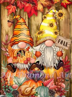 a painting of two gnomes with autumn leaves