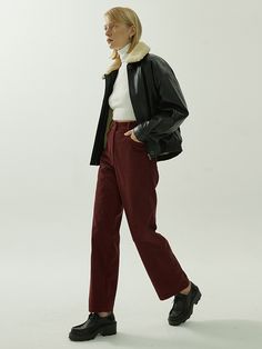 Editor's Notes EN OR's exclusive high rise pants that is easy to pull over on a daily basis. Team yours with a chunky sweater or wear with a turtleneck for a versatile look.- Loose fit and relaxed silhouette- Corduroy material that is soft to the touch- Fine stitching and belt loop detail- Front and back pockets includedMeasurements (in.)Size (S,M)- Waist: 14.25 in. / 15.24 in. - Hips: 18.74 in. / 19.76 in. - Rise: 11.73 in. / 12.01 in. - Thigh: 12.24 in. / 12.99 in. - H Casual Burgundy Bottoms For Fall, Casual Burgundy Pants For Fall, Burgundy Wide Leg Bottoms For Fall, Burgundy Wide-leg Bottoms For Fall, Burgundy Cotton Bottoms For Fall, Burgundy Straight Leg Bottoms For Fall, Burgundy High-waisted Pants For Fall, Burgundy Straight Leg Pants For Fall, Burgundy Pants For Work In Fall