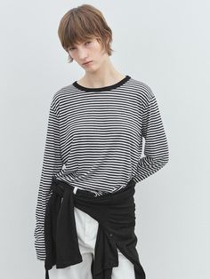 Composition : Rayon80% Polyerter20%Country of Origin : Republic of Korea Striped Cotton Top With Shirttail Hem, Classic Striped Tops With Shirttail Hem, Spring Striped Tops With Shirttail Hem, Striped Tops For Layering With Relaxed Fit, Classic Striped Tops For Layering, Classic Striped Tops For Spring, Shirt White, Loose Fitting, Composition