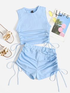 Baby Blue Casual Collar Sleeveless  Plain  Embellished Slight Stretch Summer Women Co-ords Adrette Outfits, Tank Top Shorts, Cute Dress Outfits, Casual Preppy Outfits, Shein Outfits, Cute Preppy Outfits, Crop Tank Top, Simple Trendy Outfits, Cute Everyday Outfits