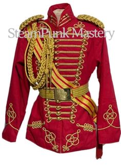 "H5/6 Black and Red Jackets  This is 5 pcs Military Officers ceremonial heavy cotton jacket with Gold braids with gold Contrast and Trims at chest and cuffs, it has antique brass buttons  & Gold shoulder accessories, Waist  Belt has metal look buckle.  Please note it's free size belt and Sash with adjustable waist adjuster can fit up 28\"- 46\" Please refer to the photos.  Sizes are available  S - to fit chest size 40\" ( armhole to armhole 42\") To M to fit 42\" chest   L - To Fit size 44\" XL Fitted Red Ceremonial Outerwear, Fitted Red Outerwear For Ceremonial Occasions, Gold Braids, Shoulder Accessories, Waistcoat Outfit, Red Jackets, Black Pinstripe Suit, Black Waistcoat, Brass Buttons