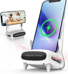 the wireless charger is connected to an iphone, and it's charging on top of another device