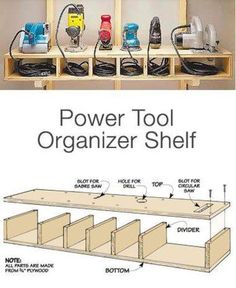 the power tool organizer shelf is labeled with instructions to make it easier for you to use