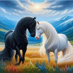 two black and white horses standing next to each other on a field with mountains in the background