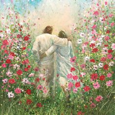 a painting of two people hugging in a field of flowers