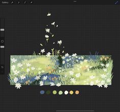 an image of some flowers and grass in the middle of a screen with color swatches