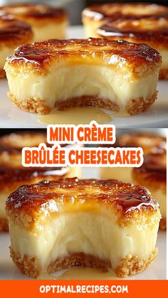 mini creme brulee cheesecakes on a plate with the words, mini creme brulee cheesecakes