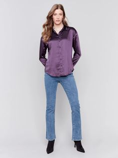 Embrace the casual elegance of this solid satin button-down shirt. Its minimalist design exudes sophistication, while the rich plum purple color adds a touch of luxury to your ensemble. The slight stretch offers comfort, while the sheen of the satin fabric makes it a versatile piece for both day and night looks. Enjoy the silky-smooth, luxurious satin feel. This shirt falls elegantly, adding a sophisticated touch. Ideal for both office wear and evening occasions, it’s a versatile must-have for a Satin T Shirt, Satin Button Down Shirt, Denim Editorial, Linen Jackets, Chic Leather, Short Denim, Vest Blazer, Maxi Robes, Satin Shirt