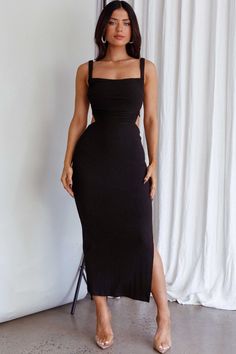 Shop the Dream Crush Lace-Up Back Side Split Midi Dress Black | Selfie Leslie Stretch Midi Dress With Tie Back, Stretch Maxi Dress With Tie Back, Fitted Midi-length Backless Dress With Tie Back, Fitted Tie-back Midi Dress For Date Night, Fitted Backless Midi Dress For Brunch, Flirty Fitted Midi Dress With Tie Back, Fitted Flirty Midi Dress With Tie Back, Strappy Back Lace-up Maxi Dress For Night Out, Party Stretch Midi Dress With Tie Back