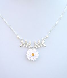 White Gerbera Daisy and Branch Necklace. Leaf Branch Drop - Etsy Dainty White Birth Flower Necklace, White Sterling Silver Charm Necklace With Flower, Elegant White Flower Necklace With Adjustable Chain, White Sterling Silver Charm Necklaces With Flower Charm, Delicate White Flower Charm Necklace, Delicate White Flower Charm Necklaces, White Flower Necklace With Nature-inspired Style, White Dainty Flower Pendant Necklace, Delicate White Flower-shaped Jewelry