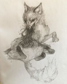 a pencil drawing of a fox with chains on it's back