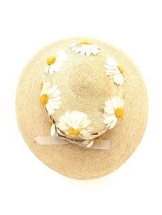 Gorgeous Antique Straw Hat Wide Brim Womens Victorian Daisies Applique Large - The Best Vintage Clothing - 4 Yellow Flower Hat For Spring, Yellow Flower-shaped Hats For Spring, Vintage Handmade Straw Hat For Garden Party, Handmade Spring Cloche Hat, Vintage Brimmed Boater Hat For Spring, Vintage Straw Hat For Spring Garden Party, Vintage Yellow Sun Hat With Curved Brim, Vintage Cream Boater Hat For Spring, Vintage Wide Brim Straw Hat For Spring