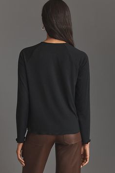 Polyester, viscose, elastane Pullover styling Hand wash Imported | Buttons Baby T-Shirt by Anthropologie in Black, Women's, Size: Smallmall, Polyester/Viscose/Elastane Fall Layering Blouse With Crew Neck, Versatile Viscose Tops For Fall, Versatile Viscose Tops For Layering, Versatile Viscose Tops For Loungewear, Versatile Relaxed Fit Top For Fall, Casual Crew Neck Top In Viscose, Versatile Crew Neck Tops For Fall, Cotton Tops With Shirttail Hem For Fall, Casual Viscose Tops With Shirttail Hem