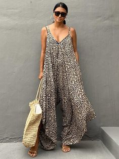 Uoozee Sleeveless Leopard Print Jumpsuit For Summer, Sleeveless Leopard Print Jumpsuits And Rompers For Summer, Spring Leopard Print Jumpsuits And Rompers, Black Casual Jumpsuits And Rompers For Beach Season, Casual Black Jumpsuit For Beach Season, Romper For Women, Wide Leg Romper, Loose Jumpsuit, Casual Jumpsuit