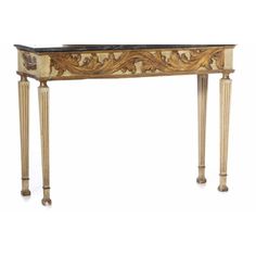 an antique console table with marble top and gold leaf decoration on the legs, against a white background