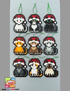 pixel art christmas ornament set with cats, mushrooms and other animals on it