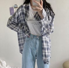 Flannel Outfits, Korean Casual Outfits, Tomboy Style Outfits, Blouse Long Sleeve, Korean Girl Fashion, School Uniforms, Easy Trendy Outfits, Ulzzang Fashion, Simple Trendy Outfits