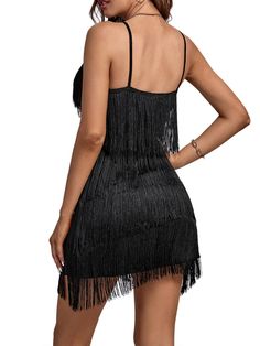 Black Luxury Fringe Sleeveless Cocktail Dress – Bella Valentina Party Season Mini Dress With Spaghetti Straps And Fringe, Party Season Fringe Mini Dress With Spaghetti Straps, Spaghetti Strap Mini Dress With Fringe For Party Season, Summer Dresses With Rhinestone Fringe For Date Night, Summer Rhinestone Fringe Dress For Date Night, Elegant Flapper Dress With Fringe For Party, Sleeveless Tassel Mini Dress For Party, Sleeveless Mini Dress With Tassels For Party, Fitted Mini Dress With Tassels For Cocktail