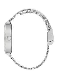 Make a statement with a minimal piece when you wear this silver-tone analog watch featuring rhinestone accents around the rounded square bezel and a sleek silver-tone dial with embossed hour markers. Finished by an elegant mesh bracelet. Case diameter in mm: 32 Water resistant up to 30 m/ 100 ft 2 year limited warranty Silver Metal Diamond Analog Watch, Silver Metal Diamond Watch Analog, Silver Metal Analog Diamond Watch, Silver Metal Diamond Watch With Round Dial, Silver Stainless Steel Watches With Diamond Hour Markers, Silver Stainless Steel Diamond Watch With Round Dial, Silver Stainless Steel Diamond Watch, Modern Silver Stainless Steel Diamond Watch, Silver Metal Watch With Diamond Hour Markers