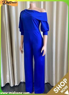 Winter Elegant Blue Plus Size Inclined Shoulder Puff Sleeve Loose Formal Jumpsuits Formal Jumpsuits, Club Jumpsuit, Shoulder Puff Sleeve, Cheap Jumpsuits, Formal Jumpsuit, Jumpsuit Online, Women Wholesale, Puff Sleeve, Jumpsuit