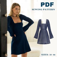 A line dress with wide sleeves and square neck pdf sewing pattern, simple dress sewing pattern, s... Long Sleeve Mini Dress Pattern, Crochet Neck Line Pattern, Free Square Neck Top Pattern, Casual Dress Patterns Sewing Simple, Pretty Dress Sewing Patterns, Reformation Dress Pattern, Short A Line Dresses, Long Sleeve Mini Dress Sewing Pattern, Wedding Guest Dress Pattern Sewing