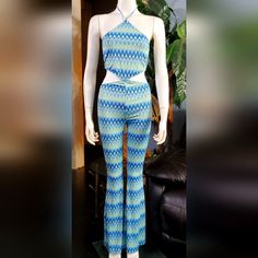 New With Tag, Beautiful Sexy Halter Jumpsuit , Blue, Green, Yellow Geometric Pattern. Bodycon Stretchable. Bell Bottom . From A Non-Smoking Home. Bundle For A Discount And Save Shipping. #Summer #Jumpsuit #Bodycon Black Lace Pants, Flare Lounge Pants, Sequin Jeans, Summer Jumpsuit, Jumpsuit Blue, Y2k Boho, Halter Jumpsuit, Lace Pants, Peach Dress