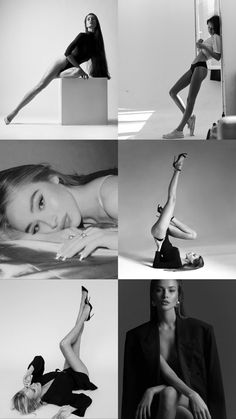 black and white photo collage with woman in high heels, sitting on chair, posing for the camera