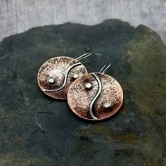 Yin Yang Earrings Mixed Metal Earrings Spiritual Jewelry Yoga - Etsy Silver Spiritual Copper Earrings, Spiritual Silver-colored Copper Earrings, Silver Electroformed Earrings, Electroformed Round Metal Earrings, Round Electroformed Metal Earrings, Yin Yang Jewelry, Hammered Jewelry, Jewelry Wardrobe, Meditation Jewelry