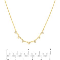 Dive into timeless beauty with the radiant beauty of the Diamond Trinity Stations Necklace from Olas d'Oro. This exquisite piece is a celebration of elegance and sophistication, designed to elevate your style to new heights. Crafted in lustrous 14K yellow gold, this adjustable necklace features a series of dazzling trinity stations adorned with a total of 1/5 carat of brilliant diamonds.Each diamond sparkles with a unique fire, capturing the light with every movement and casting a mesmerizing gl Delicate Gold Necklace With Prong Setting, Dazzling Yellow Gold Necklace With Prong Setting, Dazzling Yellow Gold Clavicle Chain Necklace, Dazzling Yellow Gold Clavicle Necklace, Radiant Beauty, Diamond Birthstone, Tennis Necklace, Station Necklace, Adjustable Necklace