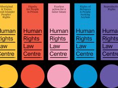 the poster for human rights law centre is shown in different colors and sizes, including blue, red, yellow, pink, purple, green