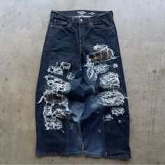 Y2k Custom Upcycled Baggy Distressed Dark Wash Flannel Jeans Bundle 4 Deals Size 34x30, $7.99 Shipping, Brand Is Denzien / Levis 100% Custom Done Distressing, Flaring, & Patchwork On This Piece, All Flaws Are Intentional Fit On This Is Insane, Hella Baggy Like Balenciaga / Jaded London Shi, Thigh - 14in Knee - 14in Waist - 34in Inseam - 29.5in Leg Open - 12.5in Front Rise - 14in Up Cycle Pants Men, Upcycled Pants, Flannel Jeans, Jaded London, Jeans Y2k, Design Inspo, Colored Jeans, Mens Jeans, Balenciaga