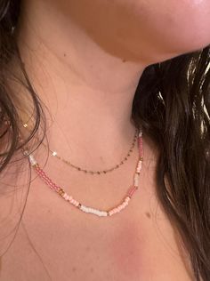 Pink, white, red, and gold necklace, perfect for matching with friends!  Can come in light blue and navy blue White Double Strand Clavicle Chain Jewelry, White Layered Choker Necklace With Adjustable Chain, White Choker Layered Necklace With Adjustable Chain, White Adjustable Chain Layered Choker Necklace, White Adjustable Choker Layered Necklace, Trendy White Layered Necklace As Gift, Dainty White Layered Necklace With Clavicle Chain, Dainty White Crystal Necklace With Delicate Chain, Trendy White Layered Necklace For Gift