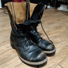 Vintage U.S. Army Combat Boots, Likely 1950s Paratrooper Boots With Bf Goodrich Rubber Soled. Excellent Condition With Some Aesthetic Wear. Black Leather Upper, Leather And Rubber Soles. These Are Beautiful And Sturdy Boots, However The Sizing Is Where Things Get Tricky: Marked Size 6e, With Bottom Sole Stamped As 10 1/2. Width Is 3 1/4”, Length 10 1/2”. I Wear Women’s Shoe Size 6.5 And These Boots Are Too Longthe Size Maybe Closer To A Woman’s 8 But I Really Don’t Know How Military Shoe Sizing Works. My Boyfriend Wears A Men’s Shoe Size 10 And The Boots Are Too Small/Short For Him. Paratrooper Boots, Vintage Combat Boots, Rugged Fashion, Army Combat Boots, Aesthetic Wear, Military Shoes, Sturdy Boots, Industrial Boots, Old Boots