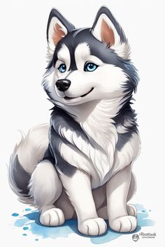 a husky dog with blue eyes sitting down