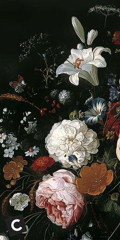 a painting of flowers in a vase on a black background with the word c above it