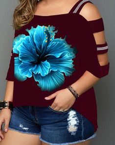 Print Floral Cold Shoulder 3/4 Sleeves Casual Plus Size T-shirts Red 3/4 Sleeve Summer Top, Red Printed 3/4 Sleeve Top, Fall Graphic Print Half-sleeve Tops, Red 3/4 Sleeve Top For Summer, Red Printed Top With 3/4 Sleeve, Casual 3/4 Sleeve Summer T-shirt, Blue Half Sleeve T-shirt For Spring, Blue Half-sleeve Top With Graphic Print, Summer 3/4 Sleeve Tops With Graphic Print