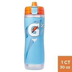 an orange and blue water bottle with the letter g on it