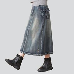 Vintage embroidered long denim skirt online. Excellent jeans skirt from the 2021 Autumn-Winter collection. Fashion style allows you to outline a given culture at a particular time. Blue is the most popular denim color. Vintage denim gives a sense of belonging to a specific move. The high waist emphasizes the length of the wearer’s legs and provides a curvier body. Cotton is strong and wear-and-tear resistant material. Slant pockets fit nicely to the body. It is decorated with ethnic motives. Fro Denim Skirts Online, Long Denim Skirt, Jeans Skirt, Vintage Elegance, Denim Color, Color Vintage, Cotton Viscose, City Style, Colored Denim