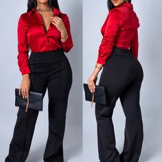 Silk Long Sleeve Blouse, Shirt Womens Red Top Office Outfit, Red Long Sleeve Blouse, Red Shirt Outfit Work, Red Silk Shirt Outfit, Red Office Outfit, Black And Red Outfit Classy, Red Formal Outfit, Red Work Outfit, Shein Work Outfits