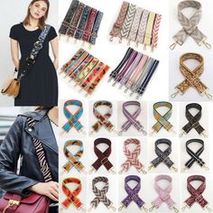 several different types of belts and purses are shown in this collage, with one woman wearing a black dress