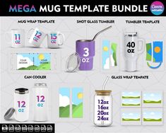 the mega mug template bundle includes two tumblers and three cups