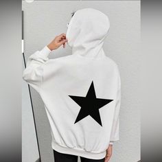 White Sweatshirt With Hood And Black Star On Back Never Worn Size 12/13 Trendy White Hoodie Top, White Cotton Hoodie Sweater, White Hooded Sweater With Letter Print, Casual White Hoodie Sweater, Basic White Winter Tops, Basic White Sweatshirt For Winter, Basic White Winter Sweatshirt, White Oversized Hoodie Sweater, White Hooded Top For Winter