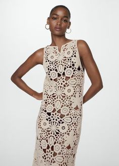 100% cotton crochet dress - Women | Mango USA Elegant Summer Crochet Dress With Crochet Trim, Chic Sleeveless Cotton Crochet Dress, Elegant Summer Crochet Dress In Cotton, Sleeveless Crochet Lace Sundress, Chic Lace Dress With Crochet Details, Sleeveless Cotton Crochet Dress, Sleeveless Beige Crochet Cotton Dress, Sleeveless Crochet Lace Summer Dress, Beige Sleeveless Cotton Crochet Dress