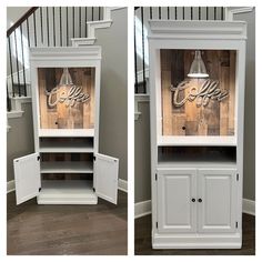 two pictures of a white cabinet with the words coffee on it and an open door