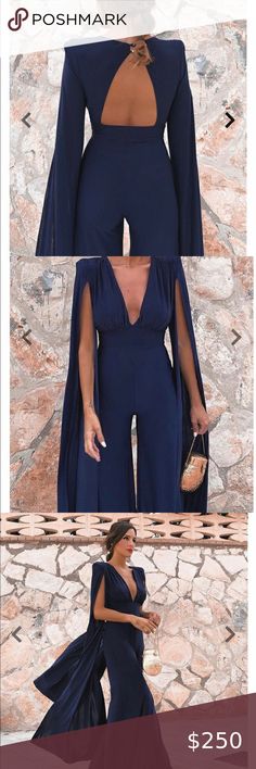 Cape jumpsuit- carpet Gown- Navy color- Classy cape jumpsuit. Combine wide leg trousers with the dramatic sleeves from a red carpet gown. Slinky soft touch Padded shoulders  Plunging V neckline Wide flared legs Size 6 (EU 34) (US 2) Size 8 (EU 36) (US 4) Other Cape Jumpsuit, Dramatic Sleeves, Style Jumpsuit, Red Carpet Gowns, A Pic, Club Dresses, Navy Color, Wide Leg Trousers, Off Shoulder Dress