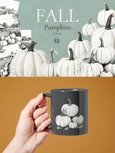 a hand holding a coffee mug with white pumpkins on the front and bottom, in black and white