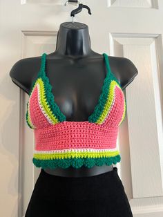 🍉 Seedless Watermelon, Scalloped Crochet summer top! Stunning fruit aesthetic is a perfect nod to the summer favorite watermelon 🍉  Watermelon pink, white, lime green and dark green "rind" on this unique gorgeous, scalloped pattern cropped crochet top, in a sweet summer mix of colors!  🤍💚Fun, pops of bright pink, pure white and perfect lime and forest green colors for summer! You will stand out in this gorgeous crocheted shirt. Perfect for a summer music festival, farmers market, concert, food festival or just a stunning piece for the boho style. Bright, blended colors are a show stopper! ☀️ Shirt is not lined but tight crochet pattern allows for little to no show through. Such a gorgeous, one of a kind shirt, perfect to stand out in a crowd!  Criss-Cross tie is single crocheted for a Crochet Lace V-neck Crop Top For Summer, Summer V-neck Tops With Crochet Lace, Fitted V-neck Crochet Top For Summer, Summer V-neck Crochet Crop Top, Fitted Crochet V-neck Crop Top, Festival Crochet V-neck Crop Top, Fitted Multicolor Tops For Beach Season, Fitted Crochet Trim Crop Top, Fitted Cropped Tops With Crochet Trim