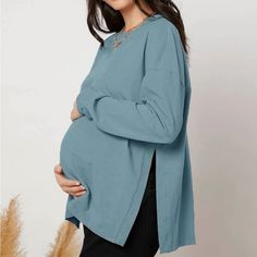 Maternity Casual Split Hem Top Ships In 7-10 Days~All Purchases Shipped With A Special Gift 94% Cotton, 6% Elastane Size Tags Are Letters Xs(2) S(4) M(6) L(8-10) Xl(12) Xxl(14) Search: Anthro Festival Preppy Casual Mumu Revolve Spell Reformation Puff Popular Swim Contemporary Layering Free People Cami Dress Top Events Lulu Vacation Beach Contemporary Anniversary Boat Weekend Pool Swim Night Out Visit My Boutique Maternity Long Sleeve Cotton Tops, Winter Maternity Outfits, Trendy Maternity Outfits, Shein Maternity, Cadet Blue, Cute Maternity Outfits, Fall Maternity, Casual Maternity, Maternity Tees